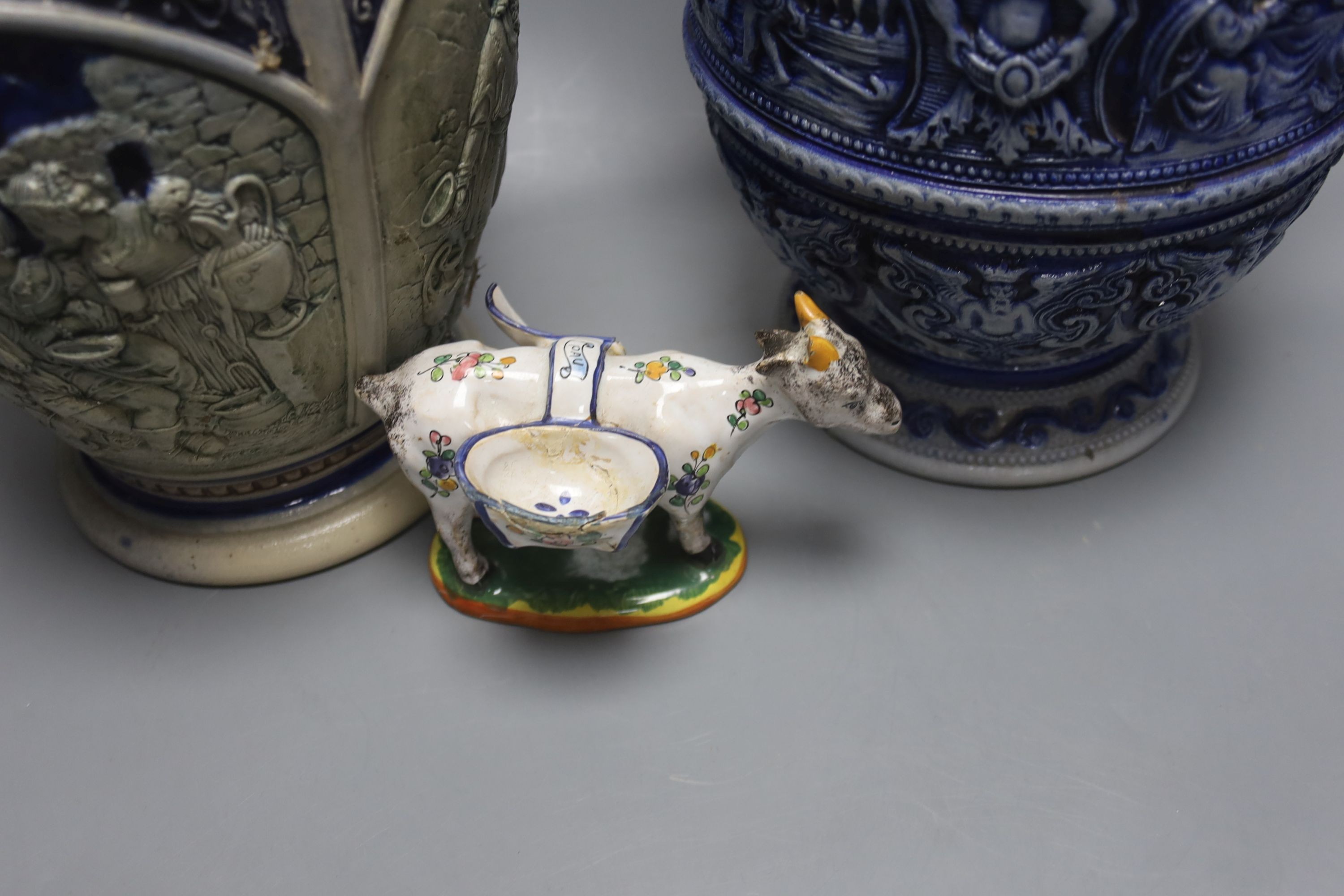 Two large German blue stoneware jugs 36cm